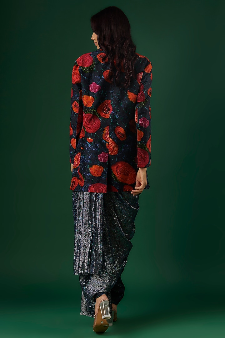 Deep Blue Upada Silk & Shimmer Georgette Floral Printed Draped Pant Wedding Saree Set by Breathe By Aakanksha Singh at Pernia's Pop Up Shop