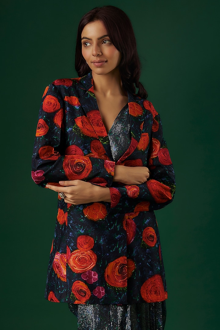 Deep Blue Upada Silk & Shimmer Georgette Floral Printed Draped Pant Wedding Saree Set by Breathe By Aakanksha Singh at Pernia's Pop Up Shop