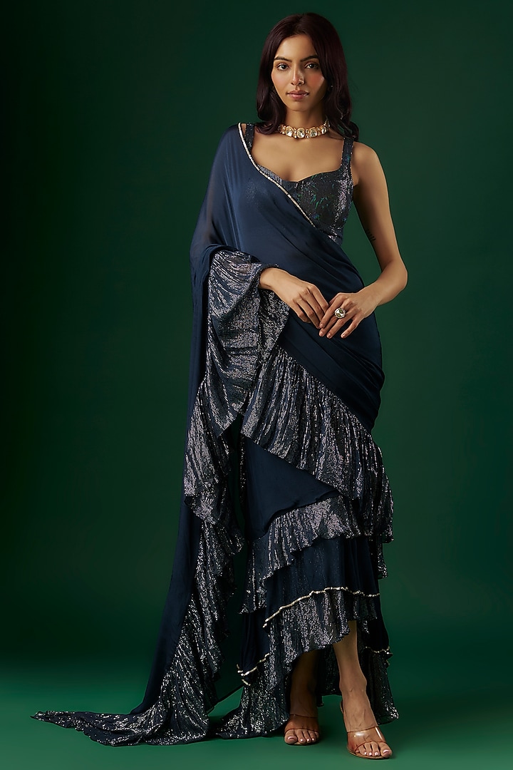 Deep Navy Blue Shimmer Georgette Sequin Ruffled Saree Set by Breathe By Aakanksha Singh