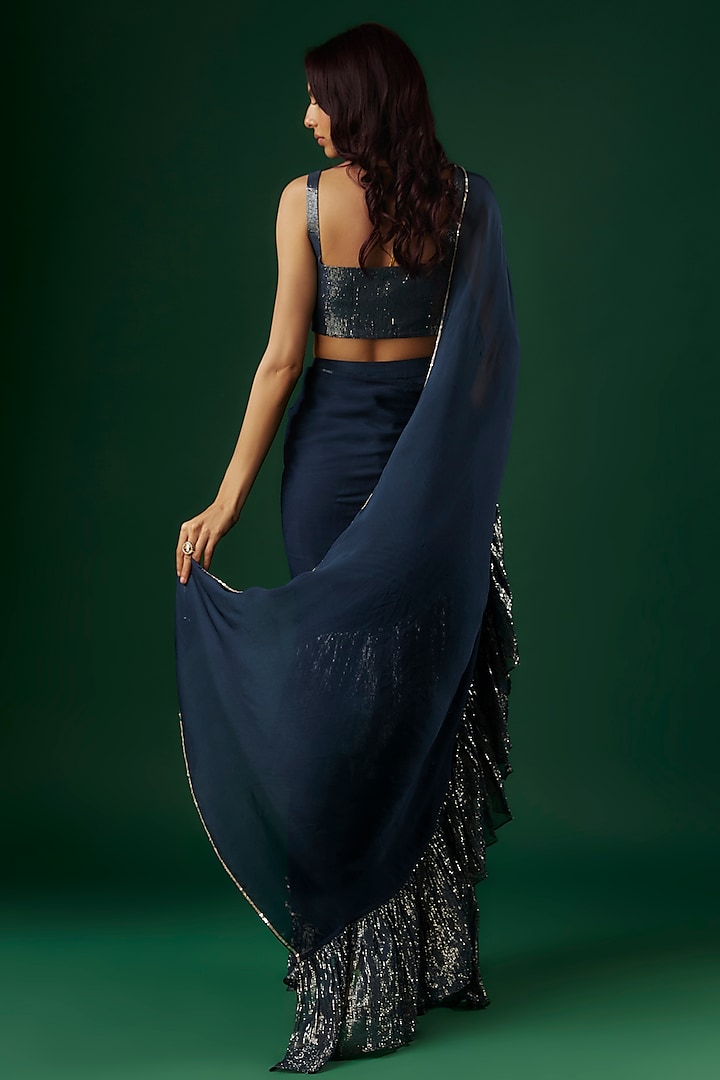 Deep Navy Blue Shimmer Georgette Sequin Ruffled Wedding Saree Set by Breathe By Aakanksha Singh at Pernia's Pop Up Shop