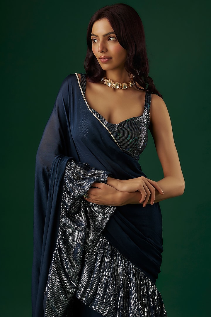 Deep Navy Blue Shimmer Georgette Sequin Ruffled Wedding Saree Set by Breathe By Aakanksha Singh at Pernia's Pop Up Shop