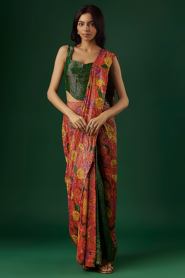 Multi-Colored Shimmer Georgette Handpainted Pre-Draped Saree Set by Breathe By Aakanksha Singh