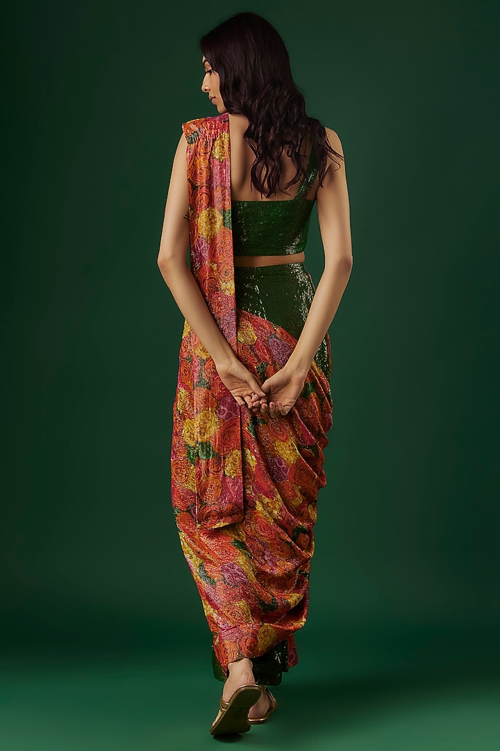 Multi-Colored Shimmer Georgette Handpainted Pre-Draped Wedding Saree Set by Breathe By Aakanksha Singh at Pernia's Pop Up Shop