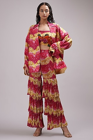 Pink Chinon Floral Printed Tiered Sharara Set by Breathe By Aakanksha Singh