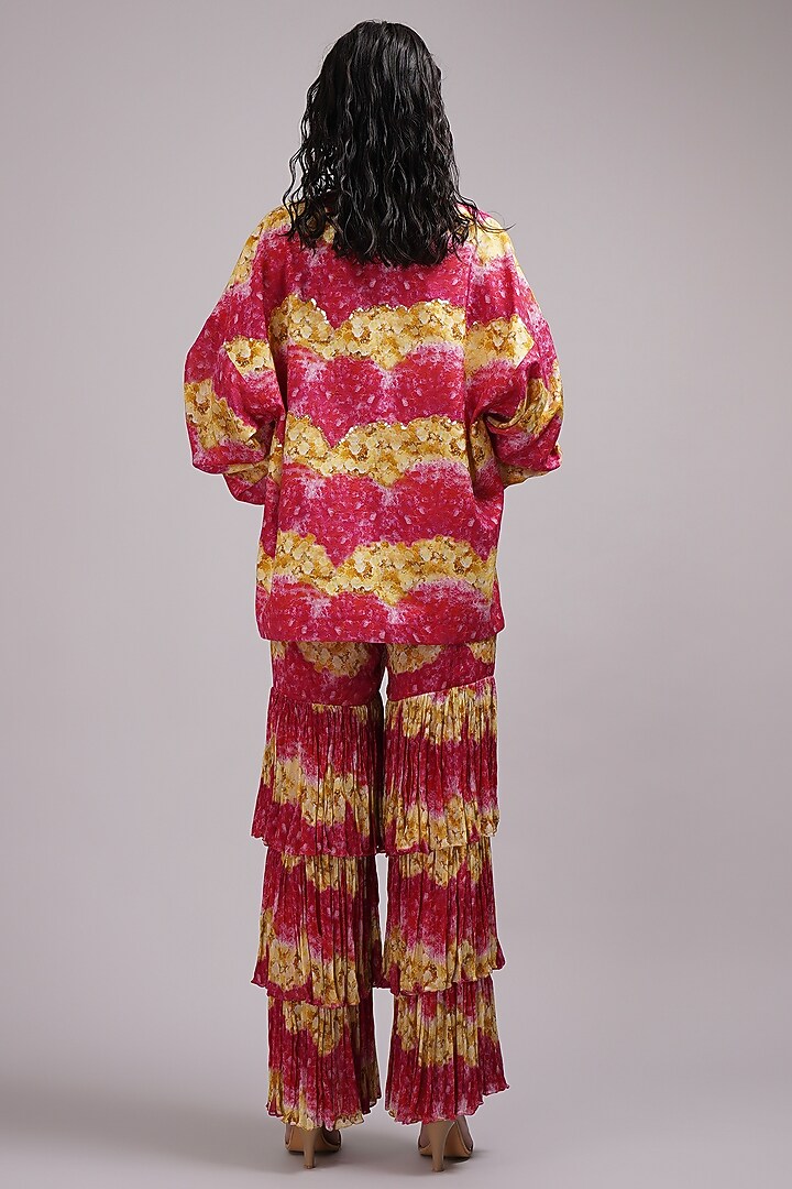 Pink Chinon Floral Printed Tiered Wedding Sharara Set by Breathe By Aakanksha Singh at Pernia's Pop Up Shop