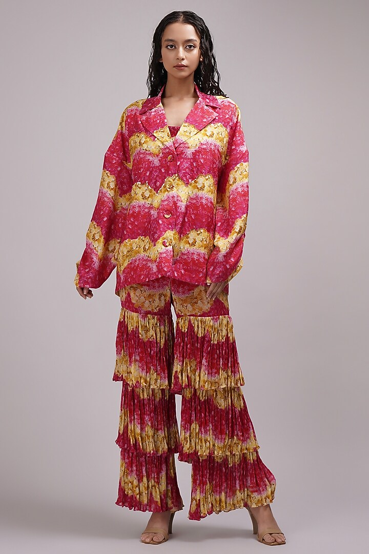 Pink Chinon Floral Printed Tiered Wedding Sharara Set by Breathe By Aakanksha Singh at Pernia's Pop Up Shop