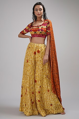 Yellow Shimmer Georgette Floral Printed Sharara Set by Breathe By Aakanksha Singh