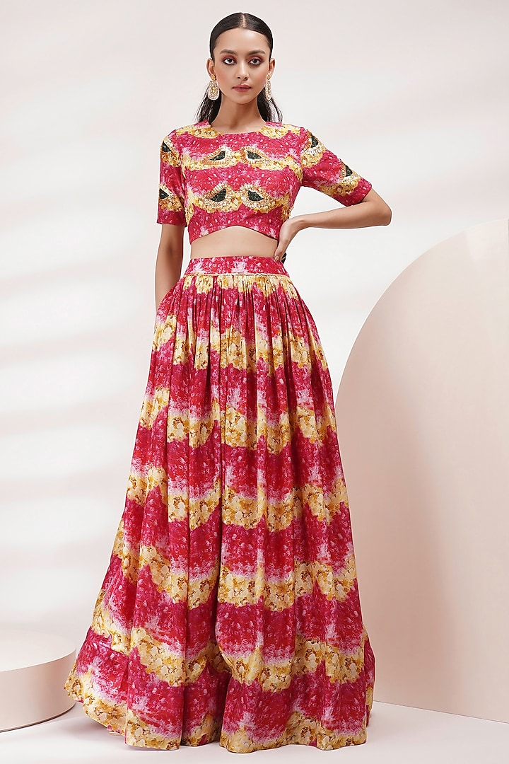 Pink Upada Silk Floral Printed Gathered Skirt Set by Breathe By Aakanksha Singh at Pernia's Pop Up Shop