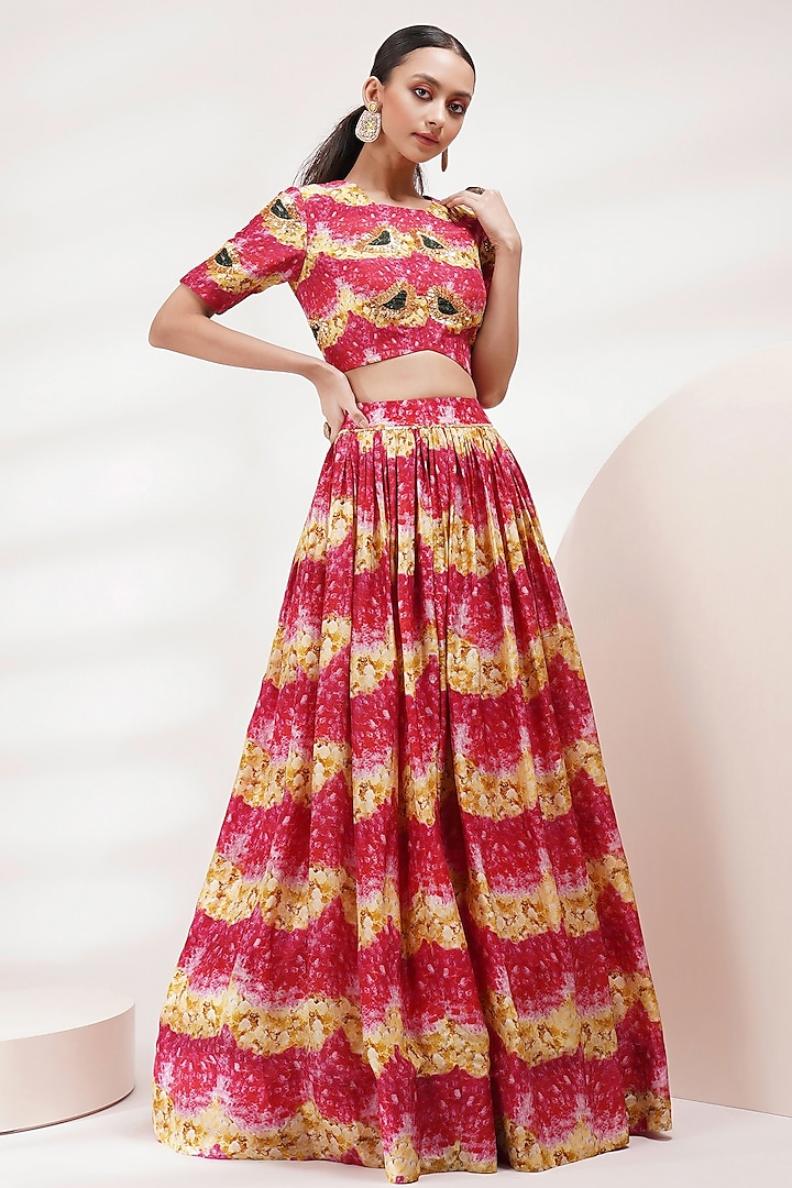 Pink Upada Silk Floral Printed Gathered Skirt Set by Breathe By Aakanksha Singh at Pernia's Pop Up Shop