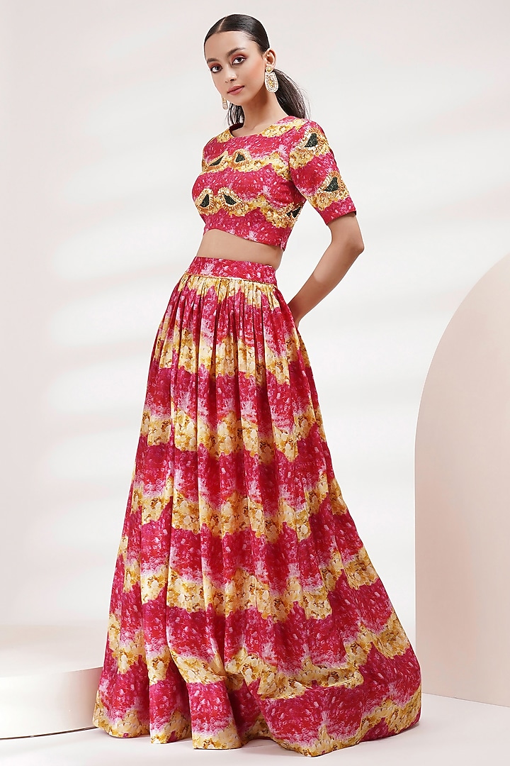Pink Upada Silk Floral Printed Gathered Skirt Set by Breathe By Aakanksha Singh at Pernia's Pop Up Shop