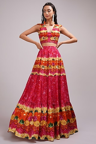 Pink Upada Silk Floral Printed Kalidar Skirt Set by Breathe By Aakanksha Singh