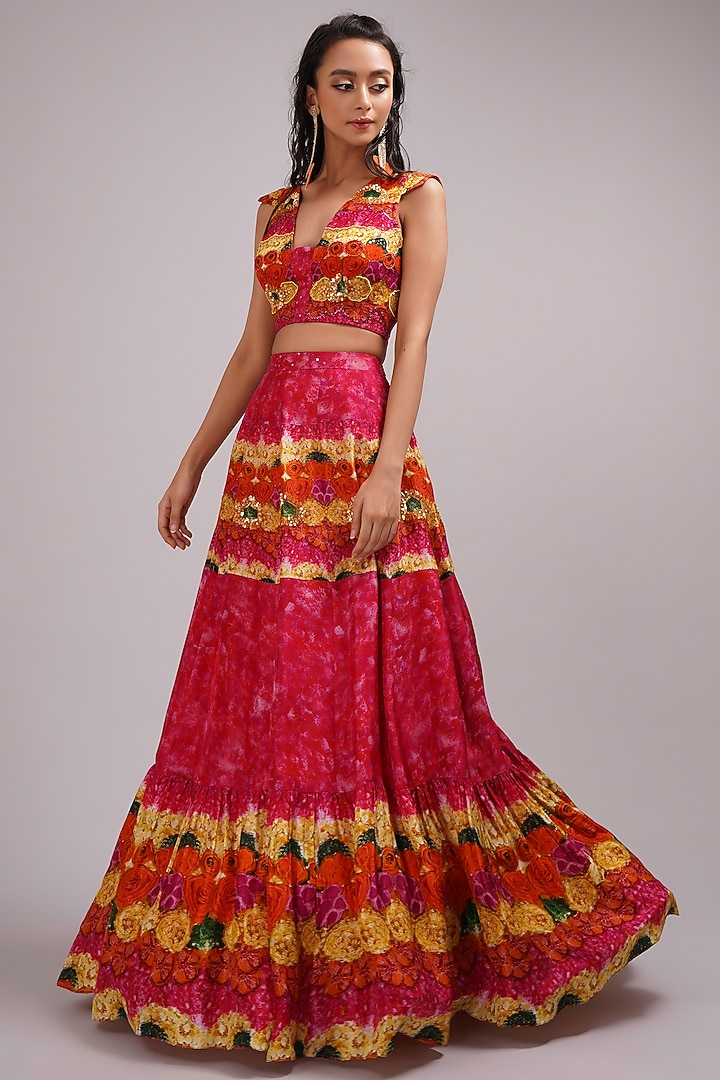 Pink Upada Silk Floral Printed Kalidar Skirt Set by Breathe By Aakanksha Singh at Pernia's Pop Up Shop