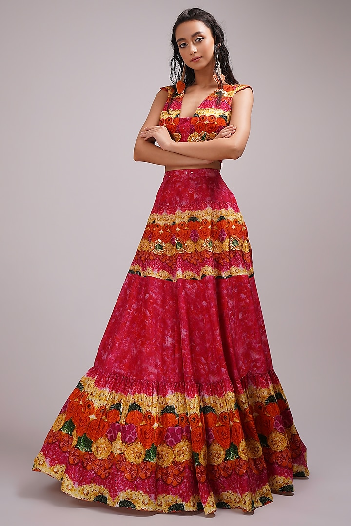 Pink Upada Silk Floral Printed Kalidar Skirt Set by Breathe By Aakanksha Singh at Pernia's Pop Up Shop