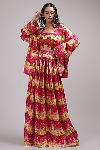 Pink & Yellow Upada Silk Floral Printed Skirt Set by Breathe By Aakanksha Singh