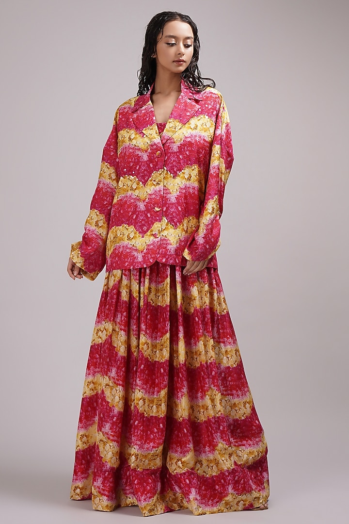 Pink & Yellow Upada Silk Floral Printed Skirt Set by Breathe By Aakanksha Singh at Pernia's Pop Up Shop