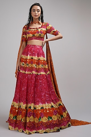 Pink & Yellow Upada Silk Floral Printed Lehenga Set by Breathe By Aakanksha Singh