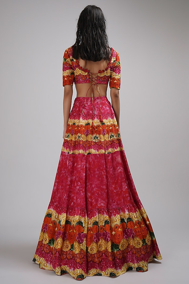 Pink & Yellow Upada Silk Floral Printed Wedding Lehenga Set by Breathe By Aakanksha Singh at Pernia's Pop Up Shop