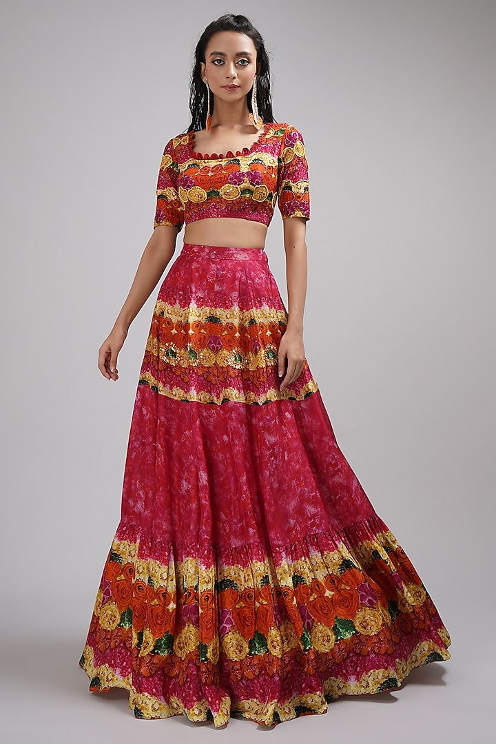 Pink & Yellow Upada Silk Floral Printed Wedding Lehenga Set by Breathe By Aakanksha Singh at Pernia's Pop Up Shop