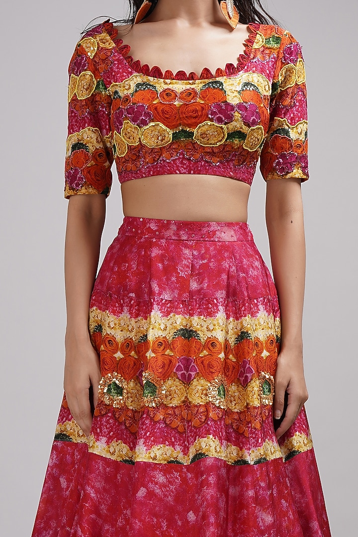 Pink & Yellow Upada Silk Floral Printed Wedding Lehenga Set by Breathe By Aakanksha Singh at Pernia's Pop Up Shop