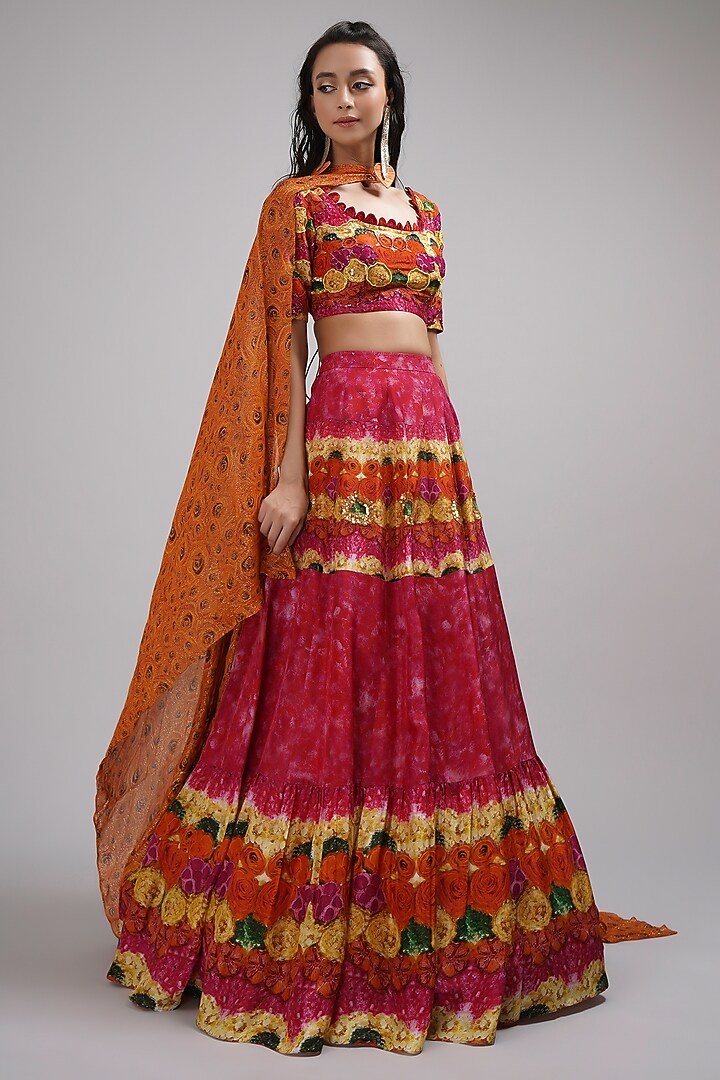 Pink & Yellow Upada Silk Floral Printed Wedding Lehenga Set by Breathe By Aakanksha Singh at Pernia's Pop Up Shop