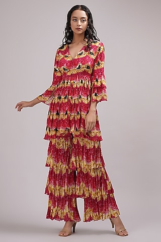 Pink Chinon Floral Printed Layered Sharara Set by Breathe By Aakanksha Singh