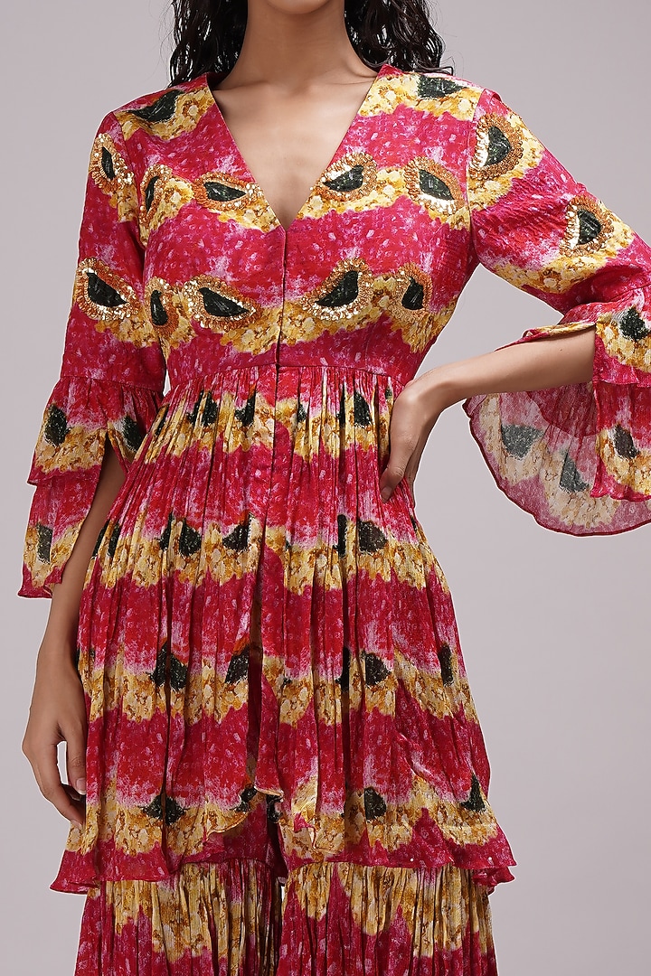 Pink Chinon Floral Printed Layered Wedding Sharara Set by Breathe By Aakanksha Singh at Pernia's Pop Up Shop