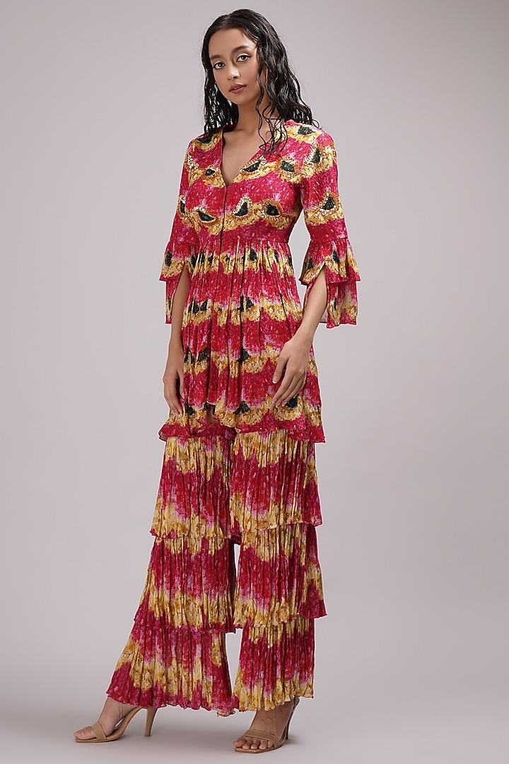 Pink Chinon Floral Printed Layered Wedding Sharara Set by Breathe By Aakanksha Singh at Pernia's Pop Up Shop