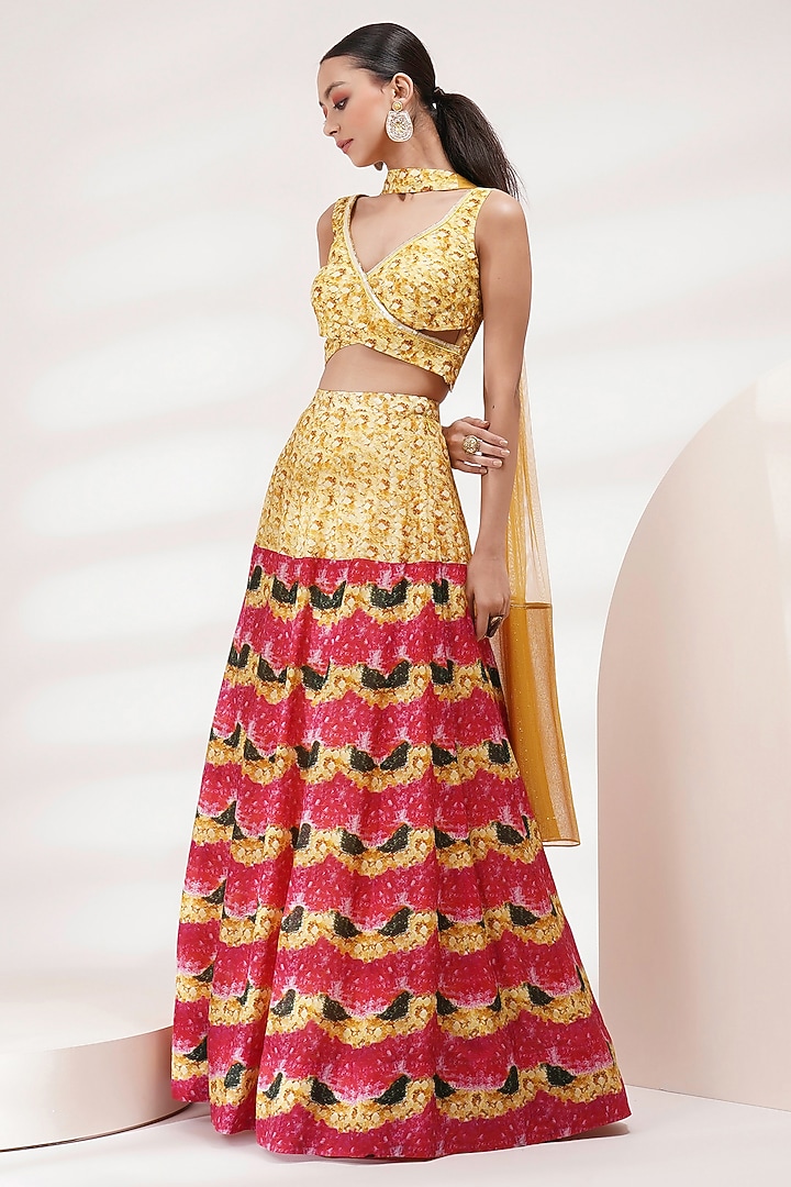 Pink Upada Silk Floral Printed Wedding Lehenga Set by Breathe By Aakanksha Singh at Pernia's Pop Up Shop