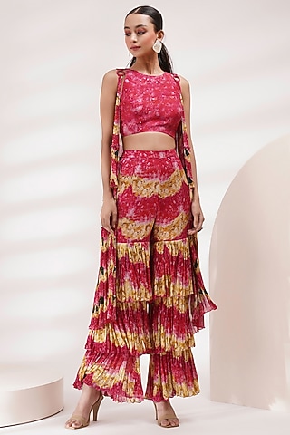 Pink Chinon Floral Printed Layered Sharara Set by Breathe By Aakanksha Singh