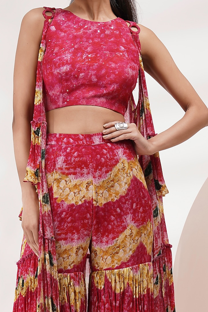 Pink Chinon Floral Printed Layered Wedding Sharara Set by Breathe By Aakanksha Singh at Pernia's Pop Up Shop