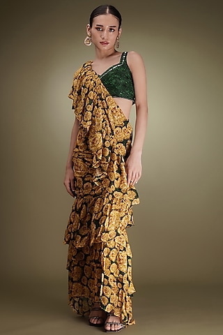 Yellow Chinon Floral Printed Pre-Draped Ruffled Saree Set by Breathe By Aakanksha Singh