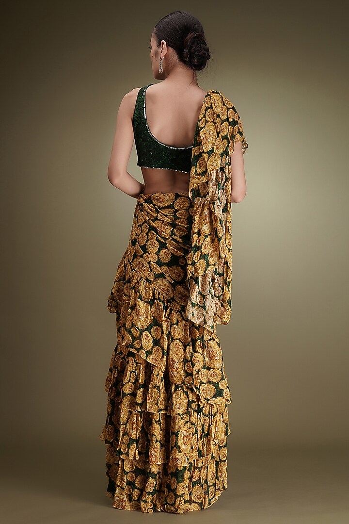 Yellow Chinon Floral Printed Pre-Draped Ruffled Wedding Saree Set by Breathe By Aakanksha Singh at Pernia's Pop Up Shop