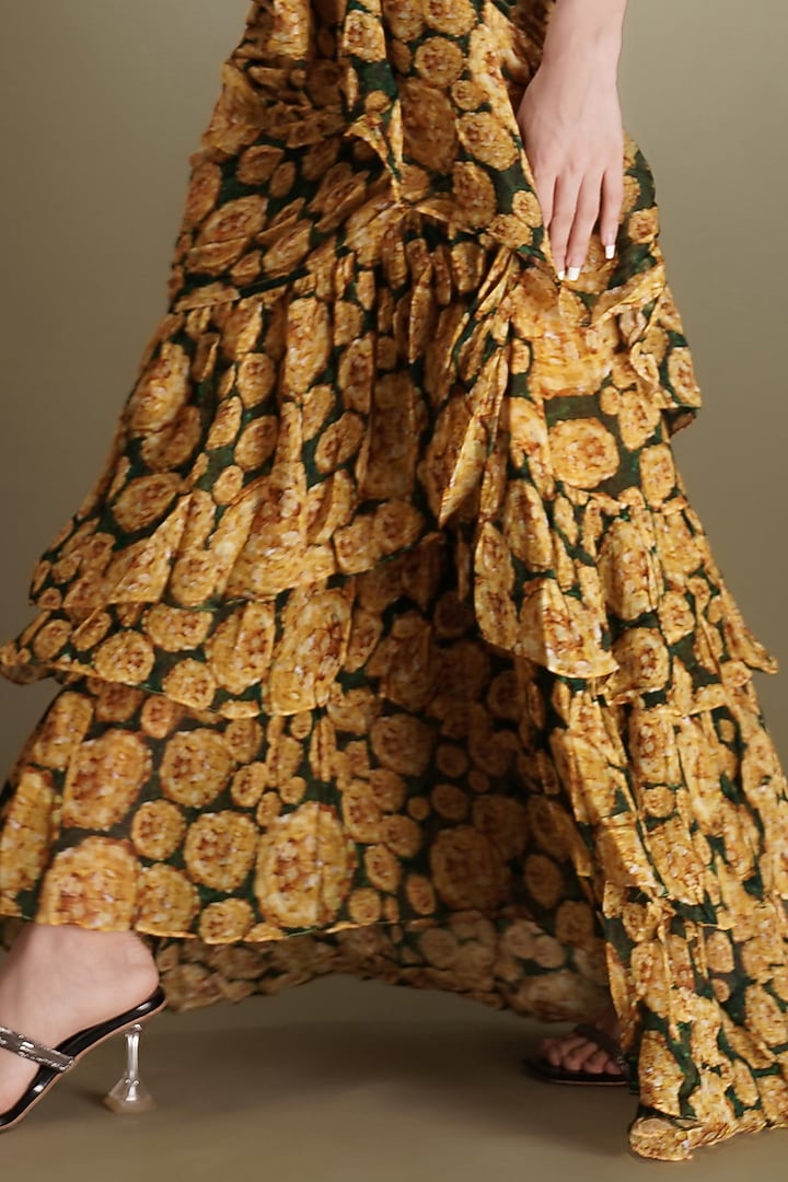 Yellow Chinon Floral Printed Pre-Draped Ruffled Wedding Saree Set by Breathe By Aakanksha Singh at Pernia's Pop Up Shop