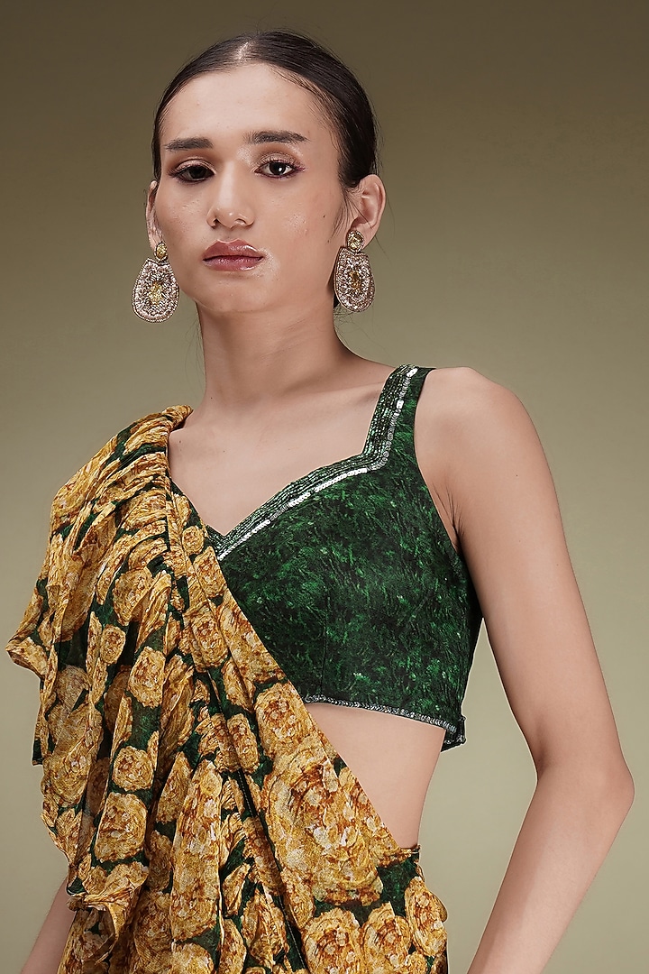 Yellow Chinon Floral Printed Pre-Draped Ruffled Wedding Saree Set by Breathe By Aakanksha Singh at Pernia's Pop Up Shop
