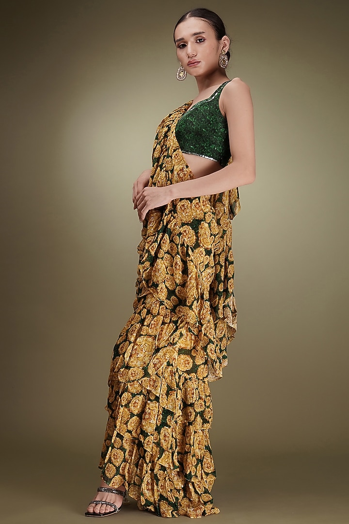 Yellow Chinon Floral Printed Pre-Draped Ruffled Wedding Saree Set by Breathe By Aakanksha Singh at Pernia's Pop Up Shop