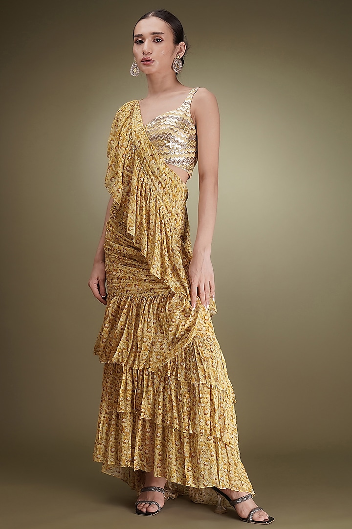 Yellow Chinon Floral Prnited Pre-Draped Ruffled Saree Set by Breathe By Aakanksha Singh at Pernia's Pop Up Shop