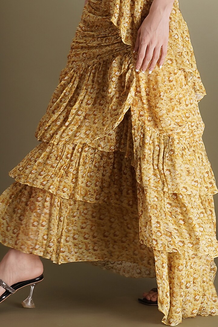 Yellow Chinon Floral Printed Pre-Draped Ruffled Wedding Saree Set by Breathe By Aakanksha Singh at Pernia's Pop Up Shop