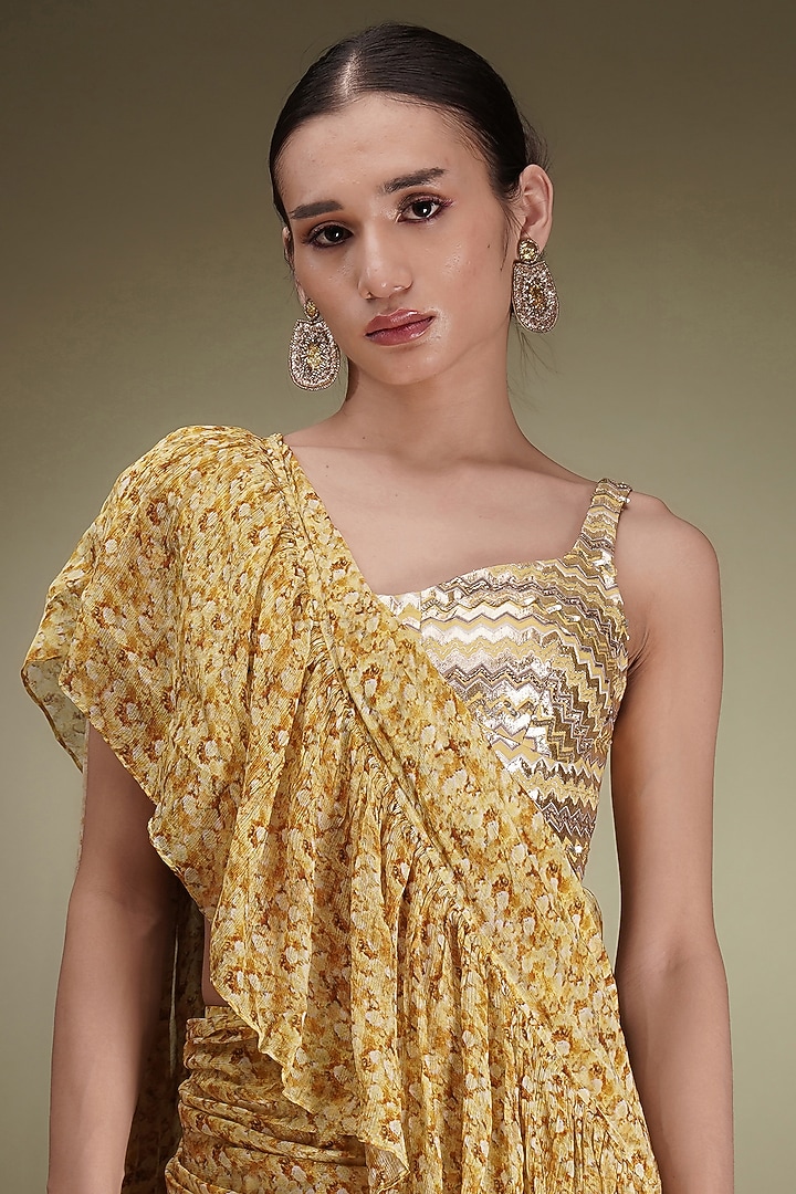 Yellow Chinon Floral Printed Pre-Draped Ruffled Wedding Saree Set by Breathe By Aakanksha Singh at Pernia's Pop Up Shop