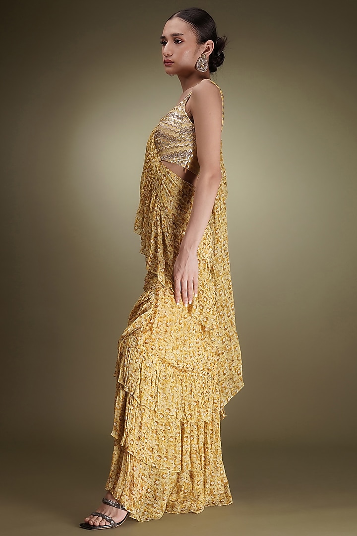 Yellow Chinon Floral Printed Pre-Draped Ruffled Wedding Saree Set by Breathe By Aakanksha Singh at Pernia's Pop Up Shop