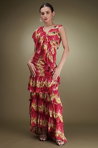 Pink Chinon Floral Printed Pre-Draped Ruffled Saree Set by Breathe By Aakanksha Singh