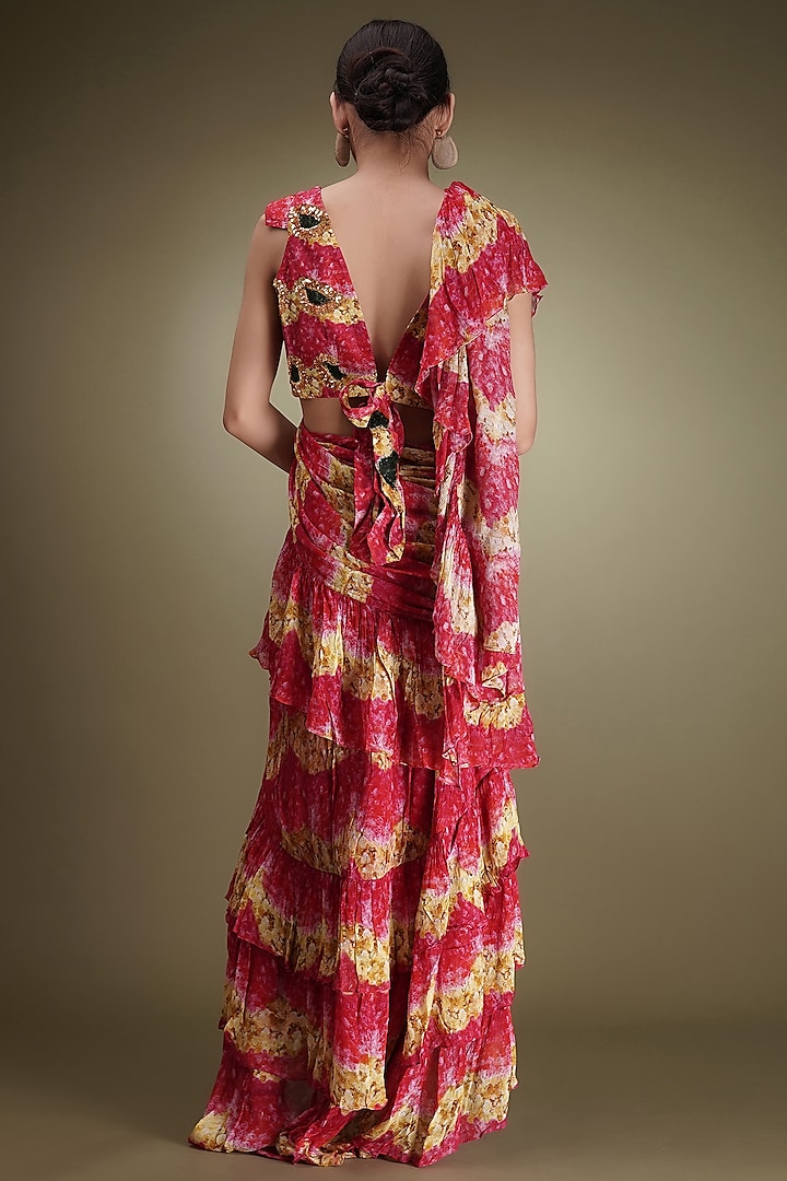 Pink Chinon Floral Printed Pre-Draped Ruffled Wedding Saree Set by Breathe By Aakanksha Singh at Pernia's Pop Up Shop