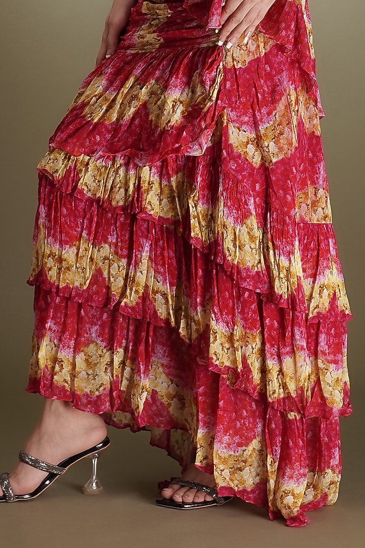 Pink Chinon Floral Printed Pre-Draped Ruffled Wedding Saree Set by Breathe By Aakanksha Singh at Pernia's Pop Up Shop