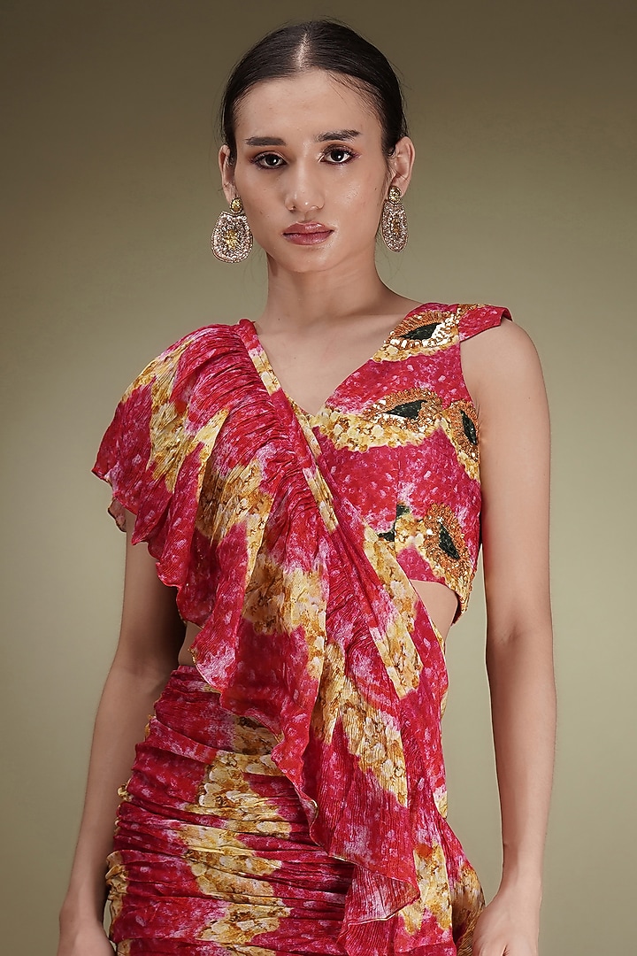 Pink Chinon Floral Printed Pre-Draped Ruffled Wedding Saree Set by Breathe By Aakanksha Singh at Pernia's Pop Up Shop