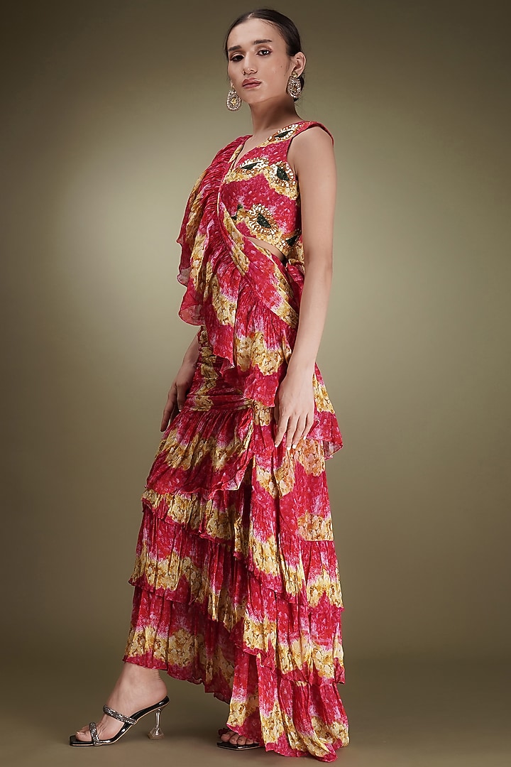 Pink Chinon Floral Printed Pre-Draped Ruffled Wedding Saree Set by Breathe By Aakanksha Singh at Pernia's Pop Up Shop
