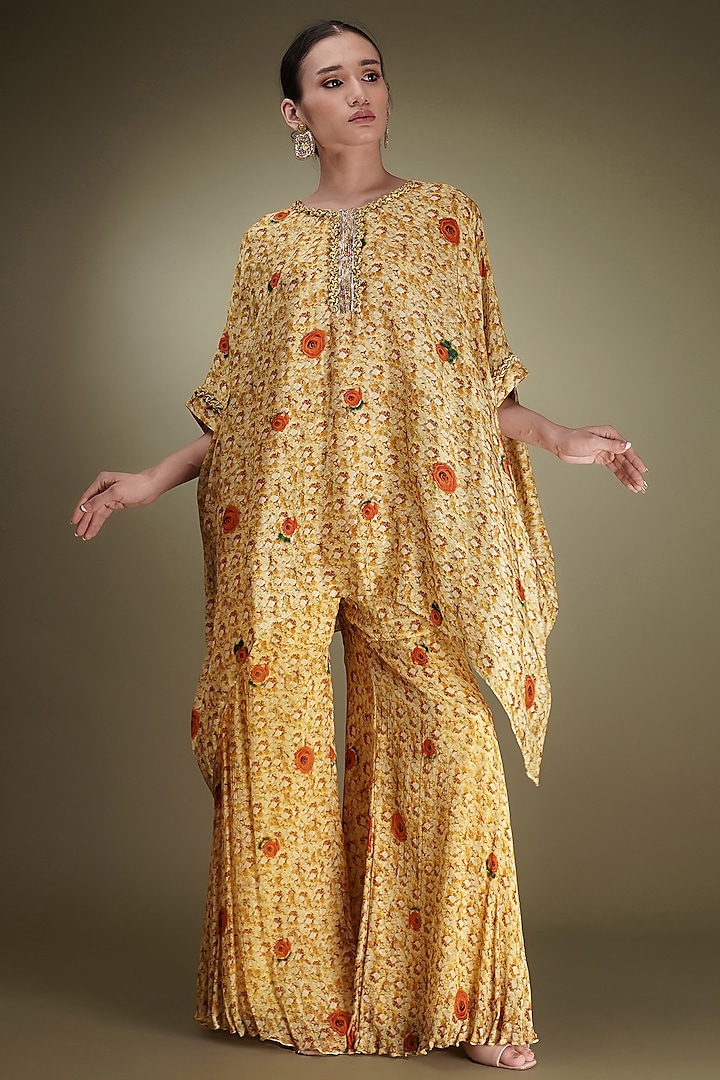 Yellow Chinon Floral Printed Short Tunic Set by Breathe By Aakanksha Singh at Pernia's Pop Up Shop