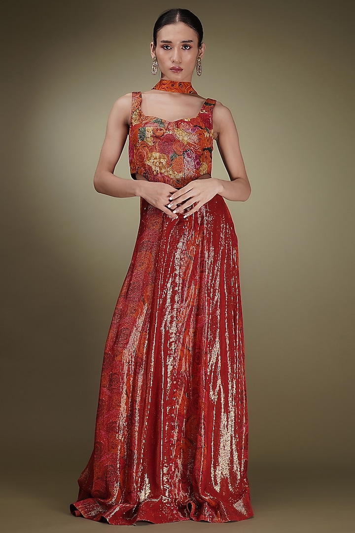 Red Shimmer Georgette Floral Printed Wedding Lehenga Set by Breathe By Aakanksha Singh at Pernia's Pop Up Shop