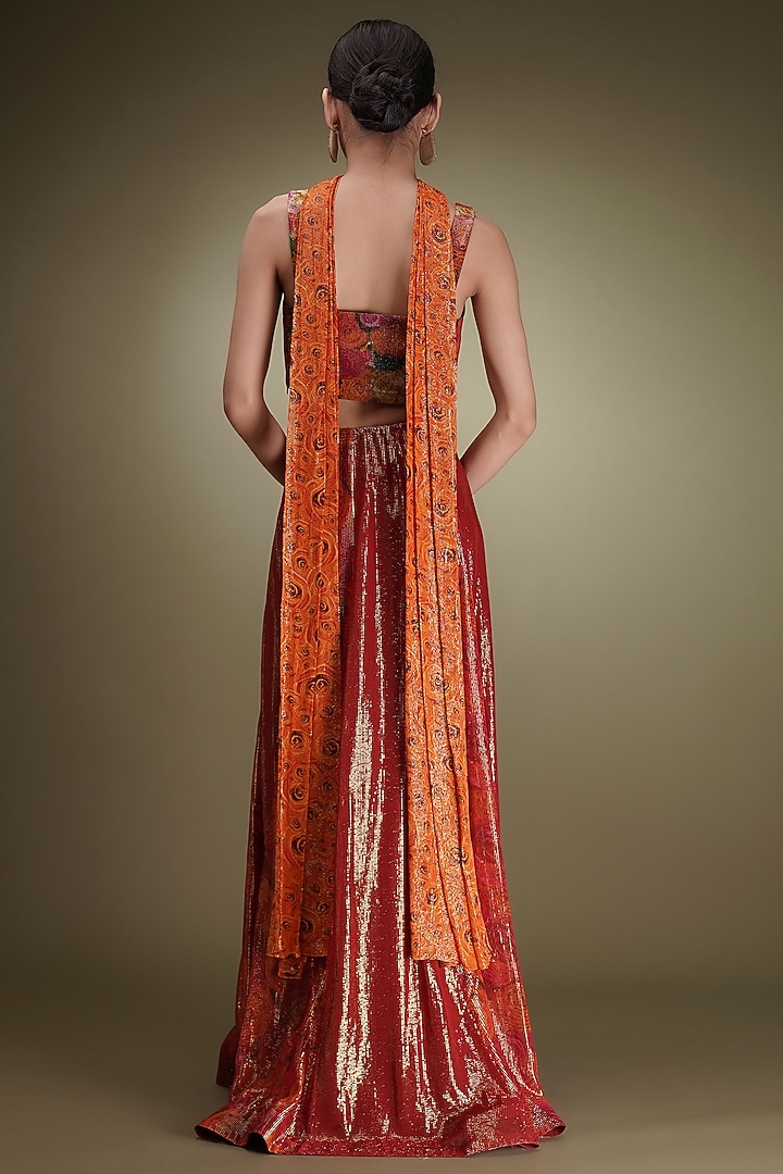 Red Shimmer Georgette Floral Printed Wedding Lehenga Set by Breathe By Aakanksha Singh at Pernia's Pop Up Shop