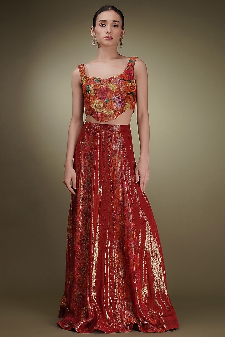 Red Shimmer Georgette Floral Printed Wedding Lehenga Set by Breathe By Aakanksha Singh at Pernia's Pop Up Shop