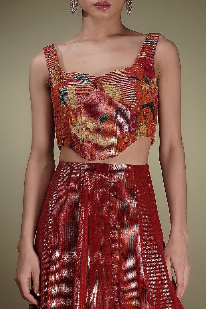 Red Shimmer Georgette Floral Printed Wedding Lehenga Set by Breathe By Aakanksha Singh at Pernia's Pop Up Shop