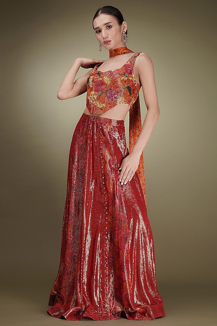 Red Shimmer Georgette Floral Printed Wedding Lehenga Set by Breathe By Aakanksha Singh at Pernia's Pop Up Shop